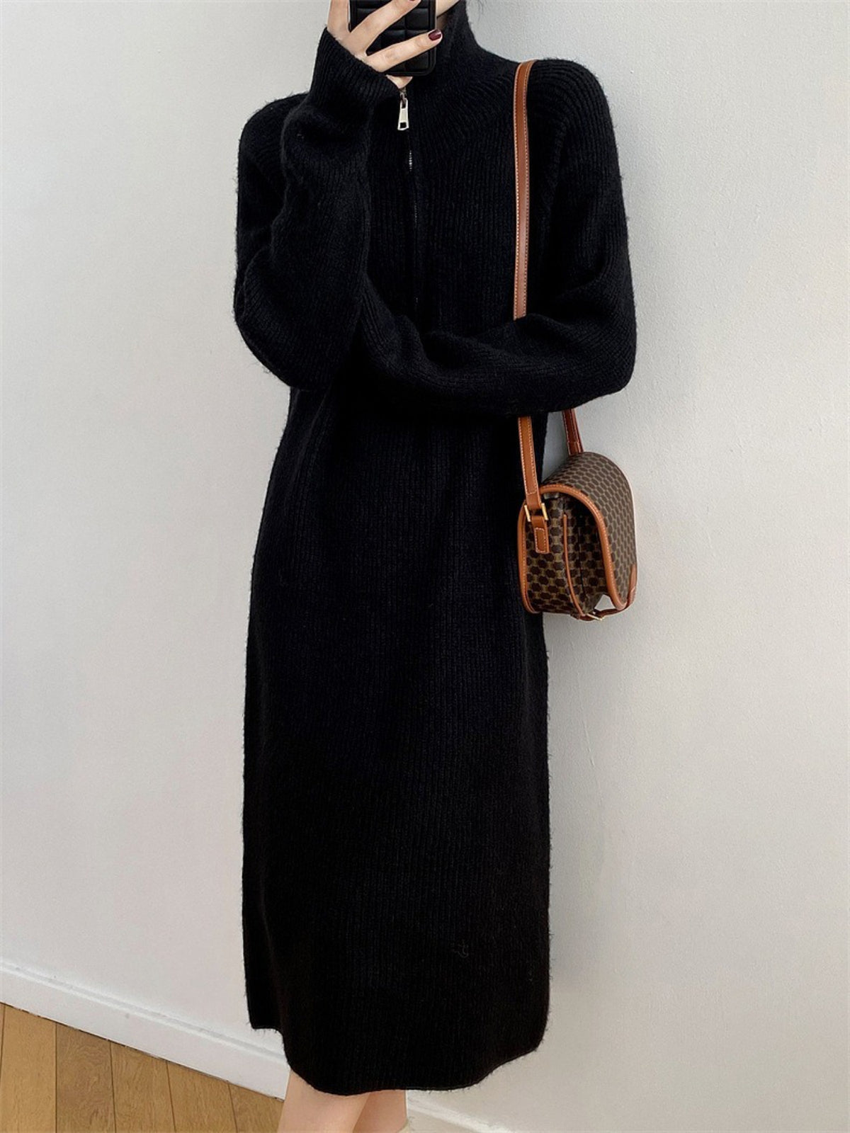 Women'S Elegant V-Neck Sweater Dress - Soft Pink Winter Dress with Zipper Closure, Knee-Length Layering Piece for Casual & Formal Events - Cozy Fall/Winter Outfits