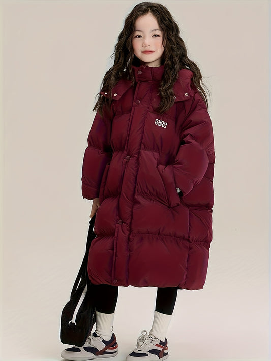 Girls' & Kids' Thickened Fluffy -Filled Hooded Winter Coat - Long Warm Jacket with Single Zipper Closure, Windproof & Pockets, Unisex Casual Outerwear for Skiing, Outdoor & Daily Wear, Easy On/Off (No Elastic Fabric), Skiing