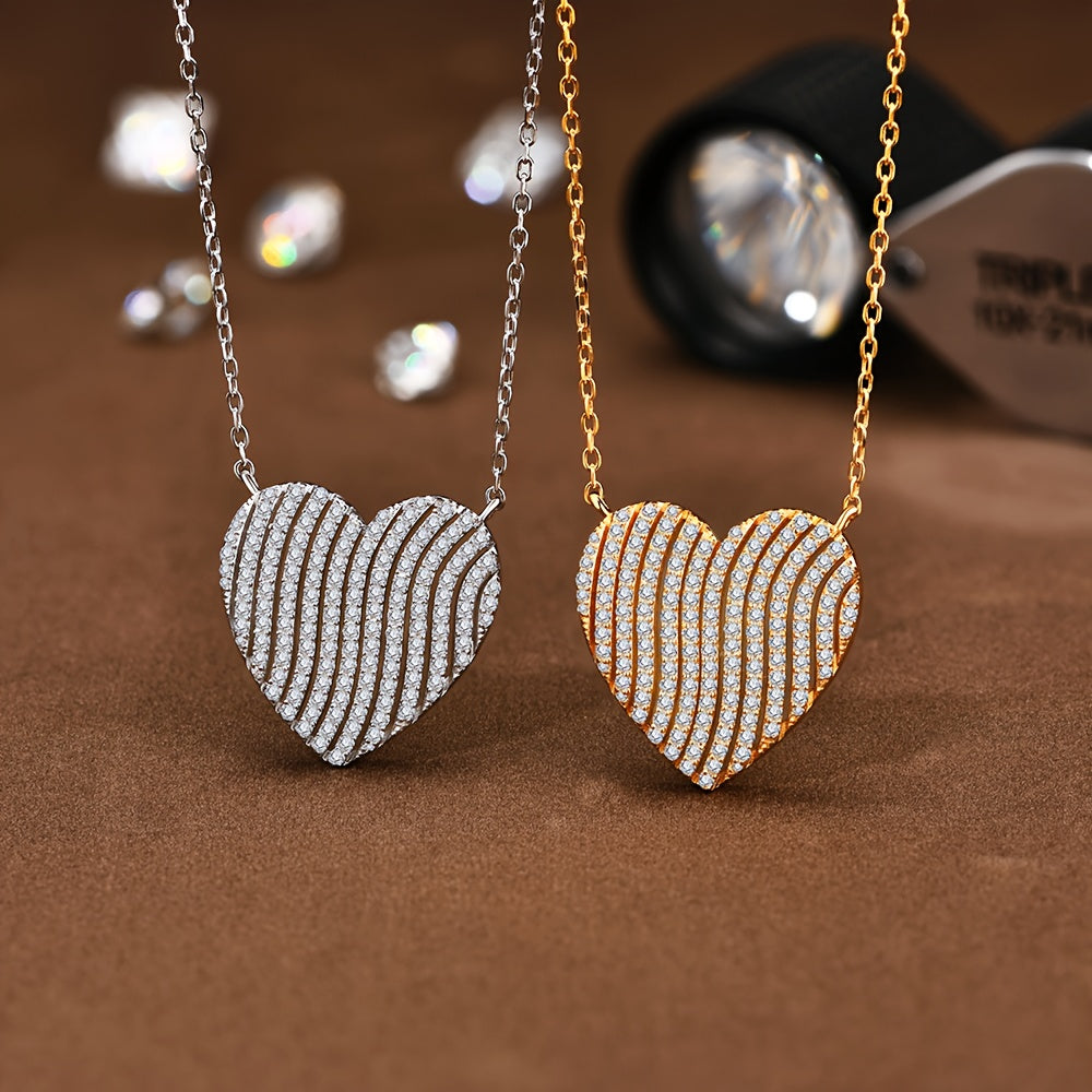 A 5.4-gram S925 Silvery Heart Necklace Has A Striped Design with Moissanite Inlays. It Is Gorgeous And Eye-catching, Suitable for Dating And Light Social Events. It Is An Ideal Jewelry Gift for Your Girlfriend Wife., Dating J