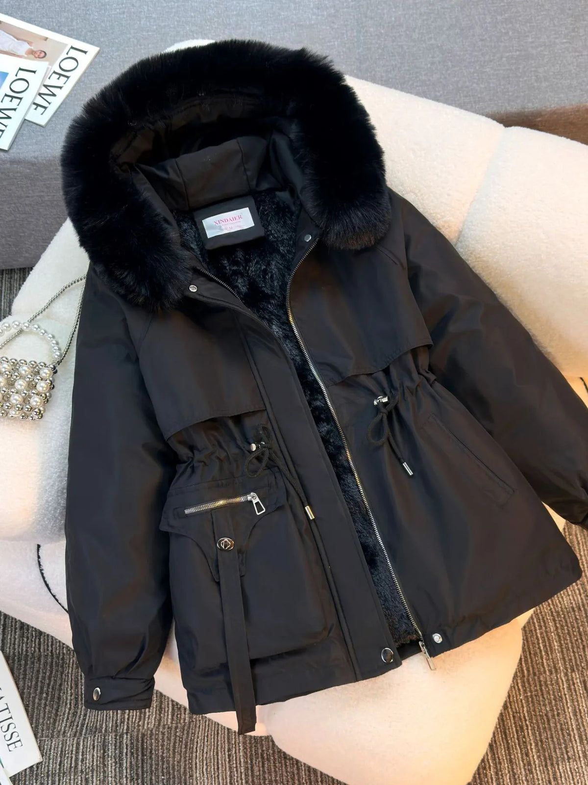 Women's Cold-Weather Fleece-Lined Fur Collar Parka Coat - One-Piece Winter Jacket with Pockets, Solid Color Casual Outerwear (No /Hoop Ears/Short Sleeves) for Extreme