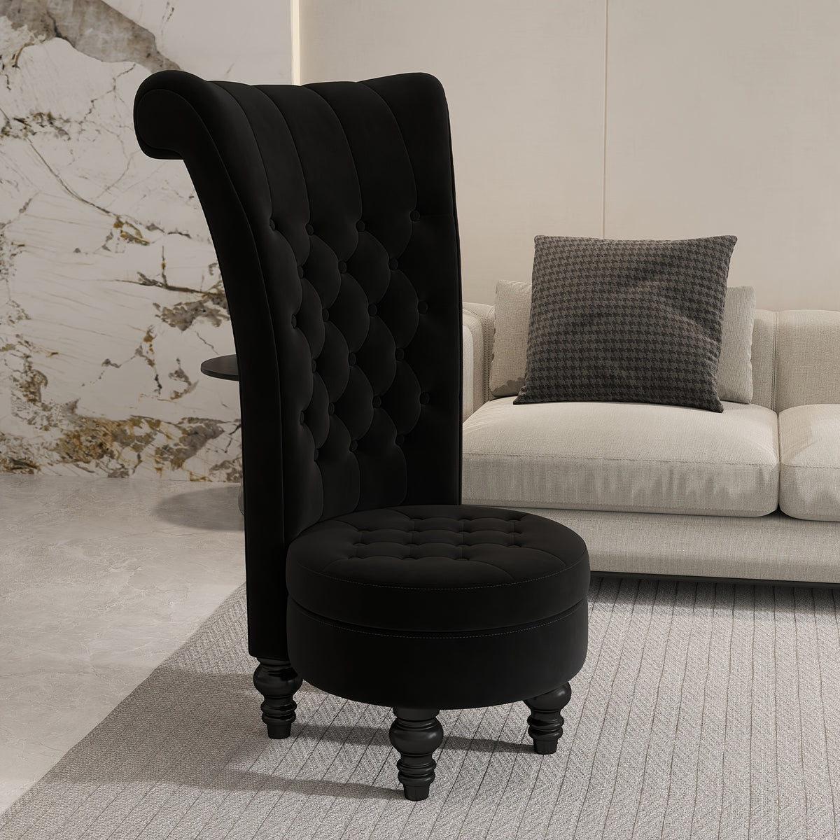 Velvet Royal High-Back Chair - Button-Tufted Armless Throne with, Luxury Elegant for carpeted, Bedroom, Dressing Area - Sofa for Reading Nook, Rubberwood Legs (No Assembly Required)