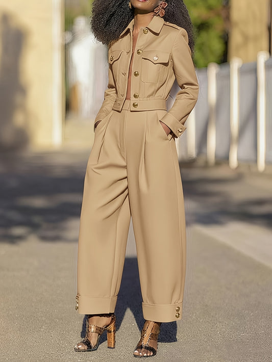 2pcs Workwear-style Wide-leg Pants Set with Metal Buckle Decoration for Women | Fashionable Retro Unisex Design, Suitable for Everyday Outings and Casual Social Occasions