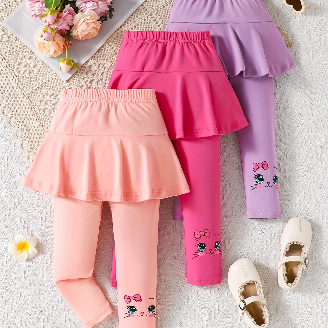 Casual Dress Pants with a Cat Pattern for Young Girls in Spring And Autumn (Set of 3), a Gift for My Daughter.