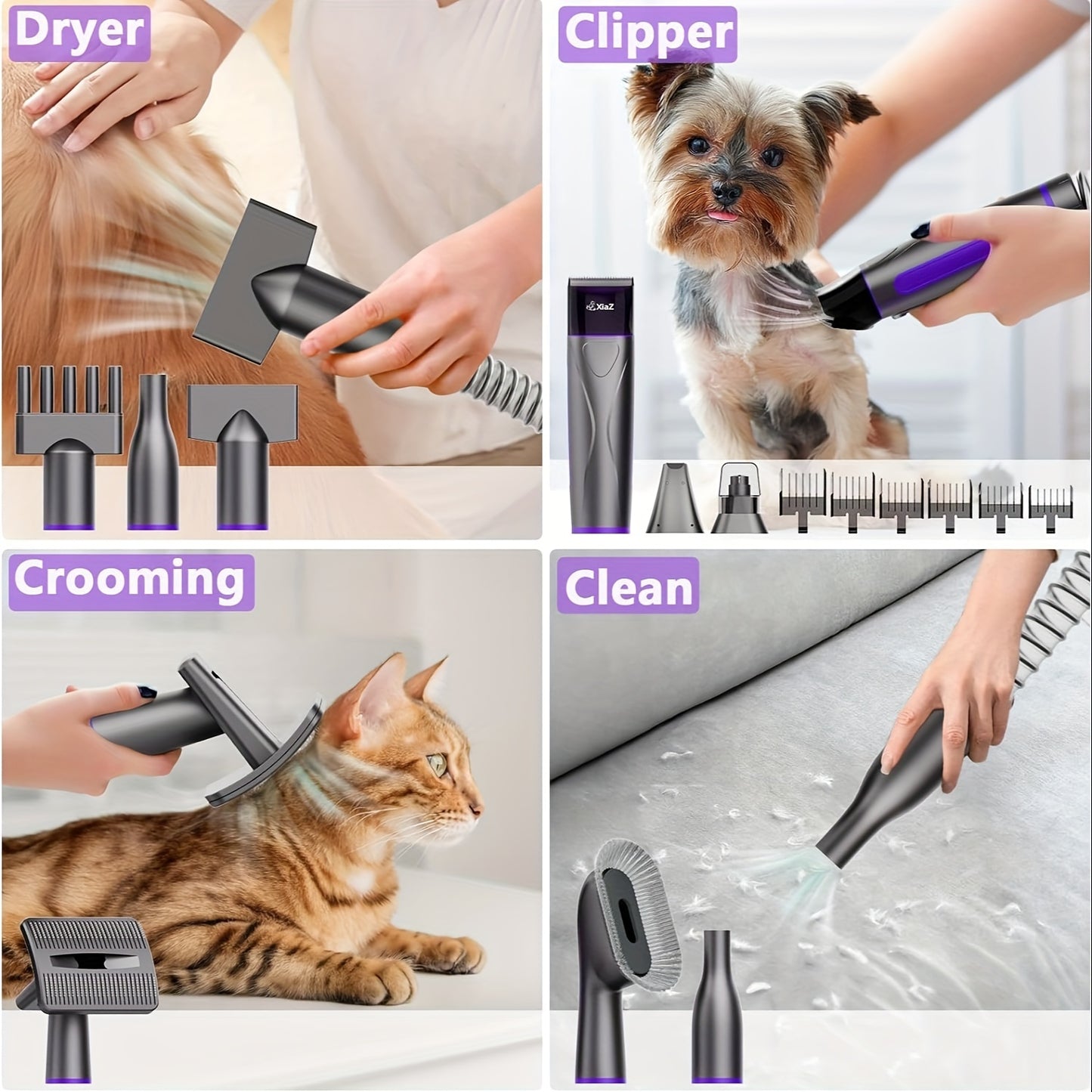 Dog Grooming Kit 10pcs, Red/Purple All-in-One Blow/Suction/Trimming Pet Grooming Tools, Hair Clipper, Vacuum Cleaner, Powerful Hair Dryer, Power Adjustable, Easy to Remove Hair, More Suitable for Pet Cats And Dog Use