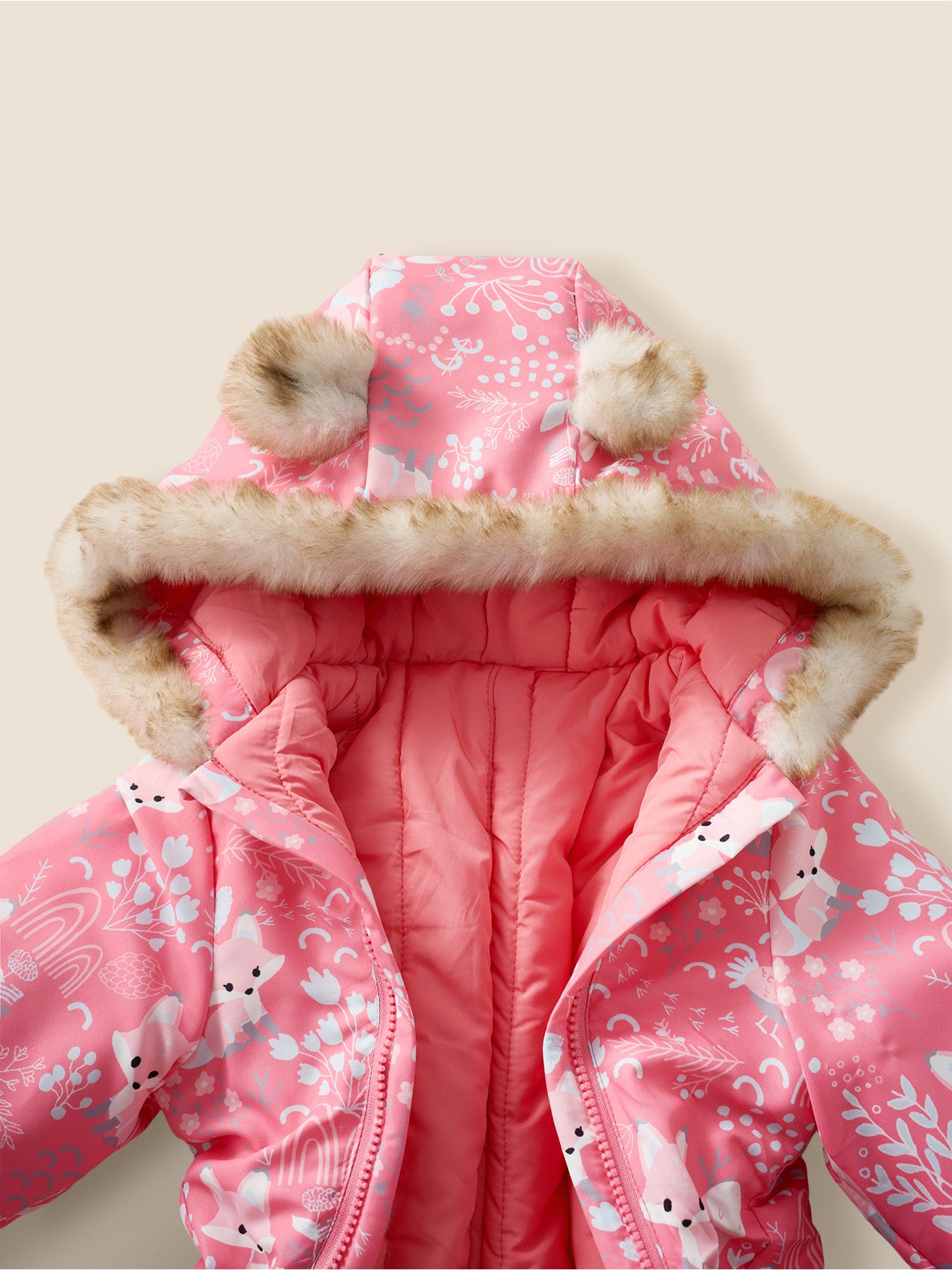 Girls' Pink Snowsuit with Hood, Full-Print Animal and Plant Patterns, Adorable Ear Design, Front Zipper, Fitted Waist, Cute Side Pockets, Cuffed Sleeves and Legs, Warm and Windproof for Cold Weather Outdoor Play, Winter Snow