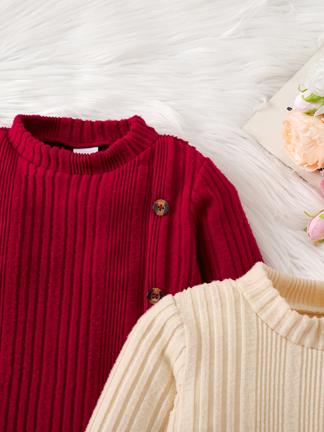 Girls' Casual Knit Two-Piece Dress with High Neck, Ruffled Hem and Button Decor - Knee-Length, Long Sleeve, and Burgundy Set - Perfect for Home, Outdoor, and Parties - Spring/Fall Seasonal Wear, Cute Dresses