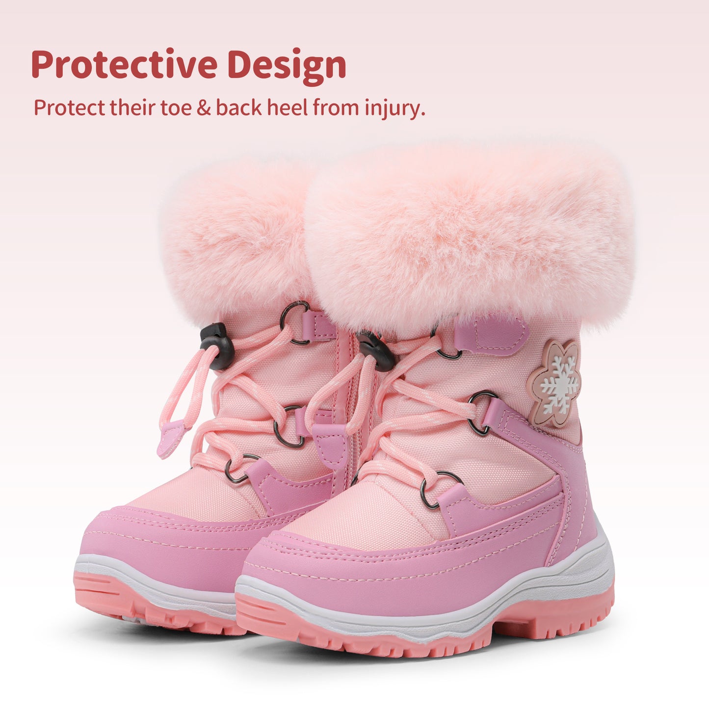 Girls' Slip-Resistant faux fur-Lined High-Top Winter Snow Boots with Pattern - Warm Mid-Calf Insulated Kids Shoes, Easy-On Lace Closure, Cushioned TPR Sole & Soft Fabric for Outdoor Play, School, and Everyday Winter Wear (Pin