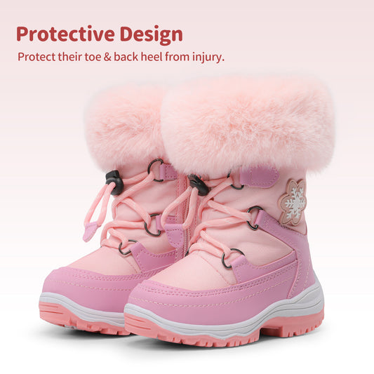 Girls' Slip-Resistant faux fur-Lined High-Top Winter Snow Boots with Pattern - Warm Mid-Calf Insulated Kids Shoes, Easy-On Lace Closure, Cushioned TPR Sole & Soft Fabric for Outdoor Play, School, and Everyday Winter Wear (Pin