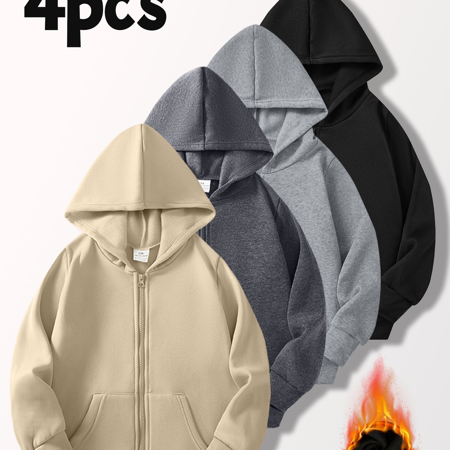 [4pcs Boys' Cardigan Jackets] 4pcs Boys' Light-Lined Zip-Up Hooded Cardigan Jackets | Multi-Color & Solid Color | Autumn & Spring, Stylish & Versatile for Outdoor Jogging