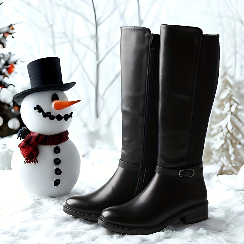 TMA EYES Women'S 2024 New Winter Boots - European & American Style Knee-High Warm Low Block Heel, Zipper Closure, Round Toe, TPR Sole & Fabric Lining, Black Round-Toe Boots with Snowman & Snowflake Design for Cold Weather, Sn