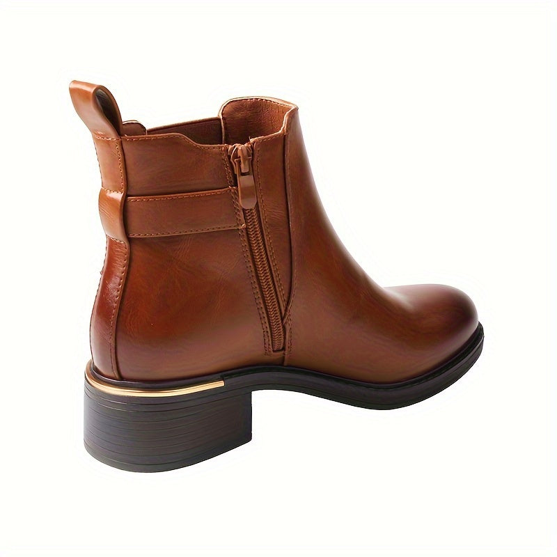 TMA EYES Women's Round Toe Short Boots with Thick Heel & Golden Buckle-Like Strap - Brown Faux (PU) Upper, TPR Sole, Side Zipper - Winter s for Jeans, Dresses, Casual & Formal Wear - Versatile Booties