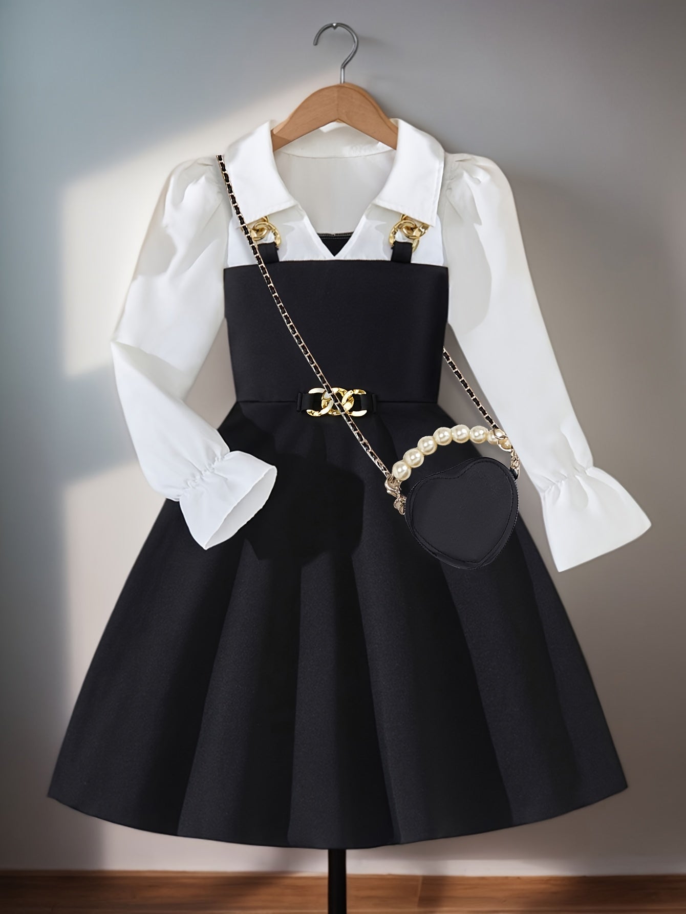 Girls' Elegant Long Sleeve Dress, Golden Chain Collar & Bell Skirt A-Line Party & Everyday Dress, Machine Washable Durable Fabric, Sturdy Construction Highquality Material, for School Christmas Birthday Outfits Holiday Outfit