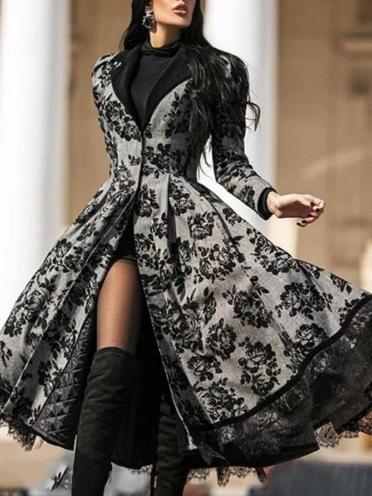 Plus Size - Plus Size, Women'S Elegant Retro Winter Dress with Lace & Floral Print Splicing - Long Sleeve A-Line Silhouette, Structured Collar & Waist Accent - Warm Elegant Coat Dress for Fall/Winter, Formal & Semi-Formal Occ
