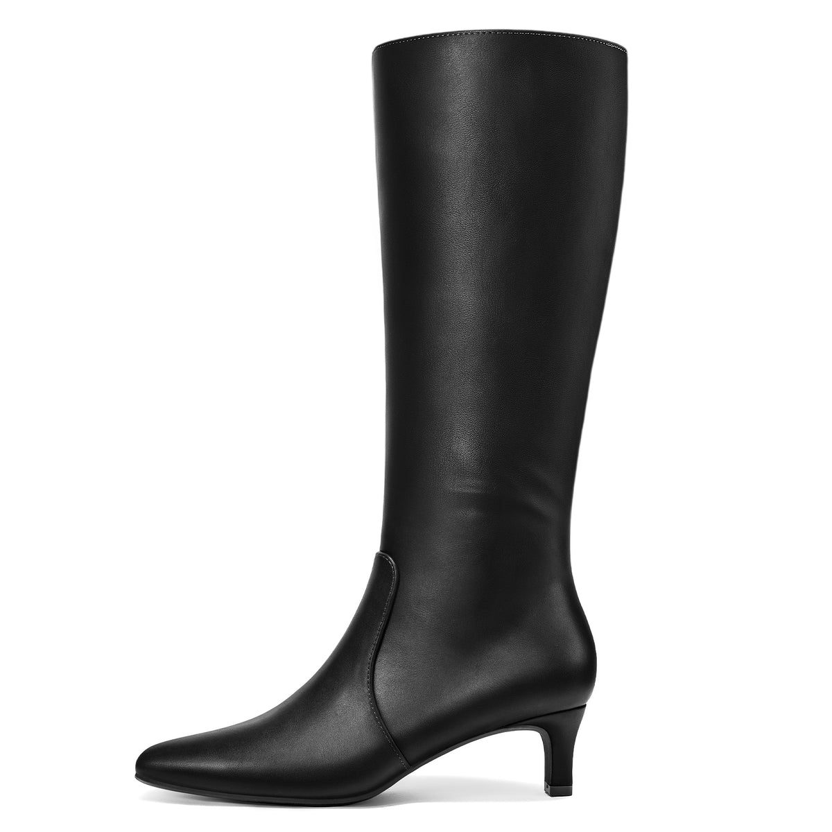 Women'S Elegant Square Toe Kitten Heel Knee-High Boots - Low Block Heel (0.39-0.59inch) Side Zipper Closure, Black PU Faux Cover Upper & Soft Microfiber