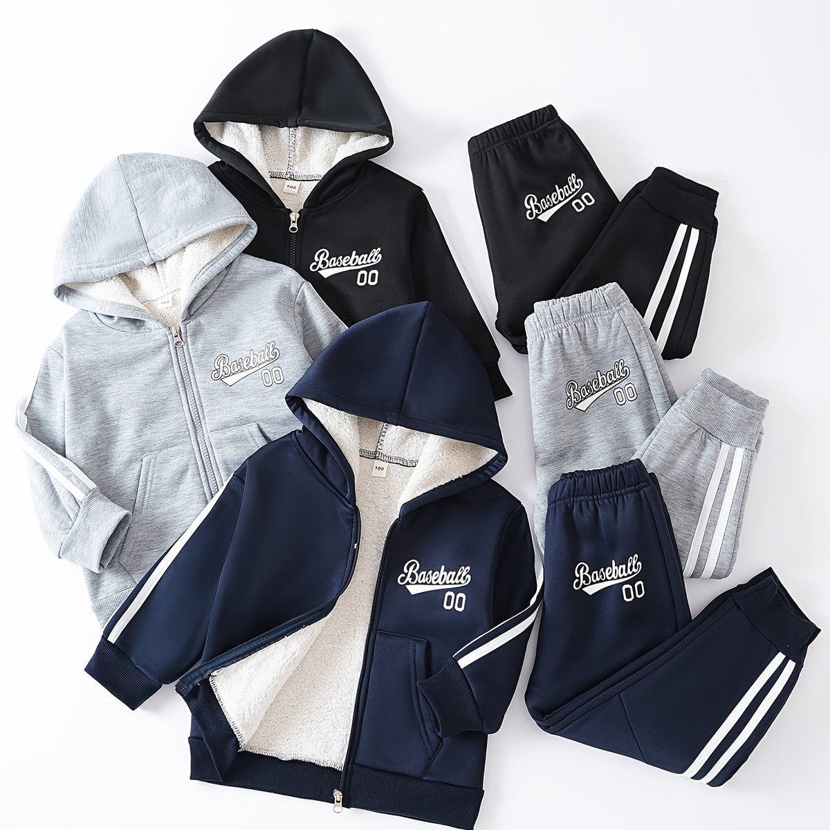 6pcs Boys' 3pcs Thermal Full-Zip Jacket & Jogger Set - Soft Knit Sweatsuit with Full-Zip Front, Elastic Cuffs & Striped Pants - Cozy Winter Outfits for Outdoor Play, School, Sports (Grey/Black/Navy) - Easy-Care Hand Washable