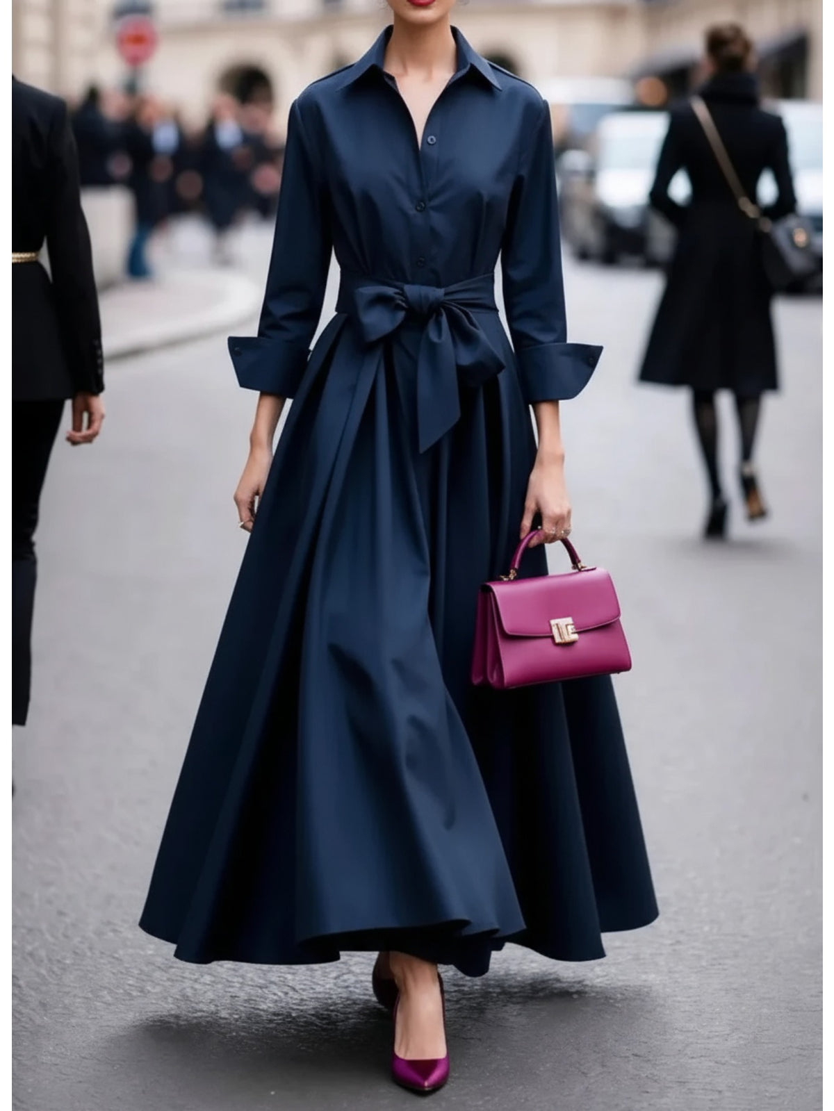 Navy Blue Collared Tie-Waist Long Dress for Women | Elegant Fall/Winter Collection, Retro Elegance Style, Suitable for Workplace, Formal Dinners, and Other Occasions