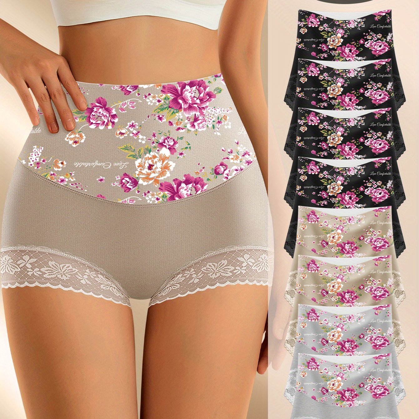 8pcs of Women'S High-Waisted Shaping Boxer Briefs Featuring a Stylish And Elegant Floral Print, Skin-Friendly, Breathable, And Form-Fitting.