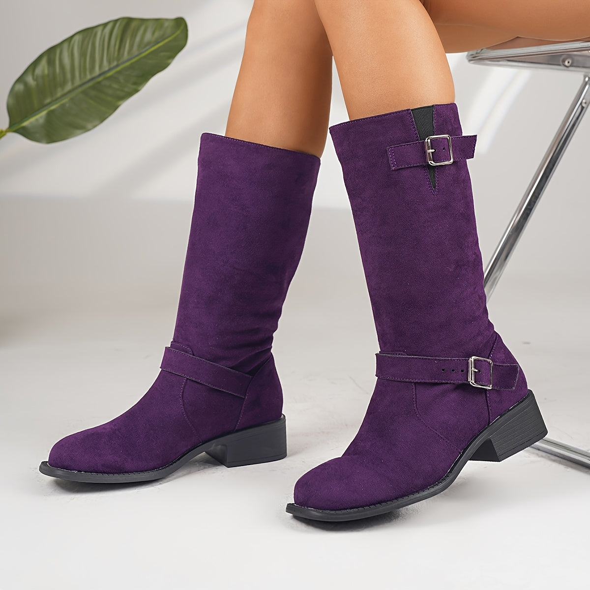 Women'S Plus Size Suede Mid Calf Boots - Square Toe Chunky Heel with Buckle Strap, Faux Fur Upper & Fabric Lining, Comfortable Slip-On Design for Casual & Formal Outfits, Everyday Footwear, Chic Midboot, Durable Rubber Sole