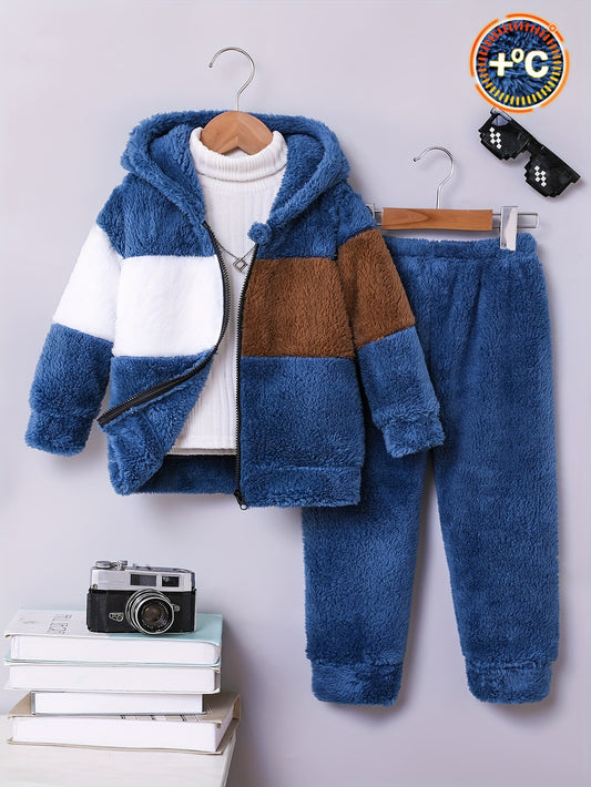 2pcs Boys' Autumn/Winter New Double-Sided Polar Fleece Set, Fashionable Color Block Design, Soft and Comfortable Fabric, Warm Clothing for Outdoor Activities and Daily Wear, Durable Polyester, Perfect Gift For Kids