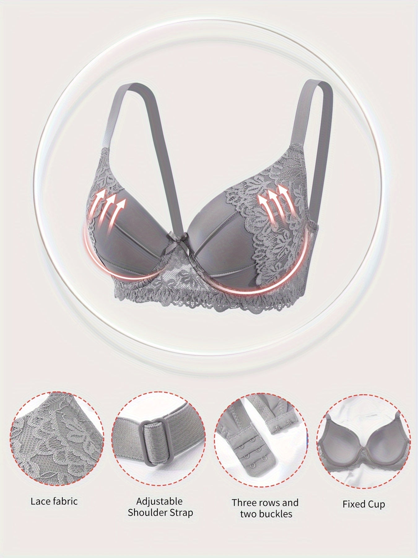 6pcs Women'S Bra Set - High Support Push-Up Bras with Breathable Lace Trim in Black/Red/Grey/Pink/Beige/Purple - Comfort for Daily & Special Occasions
