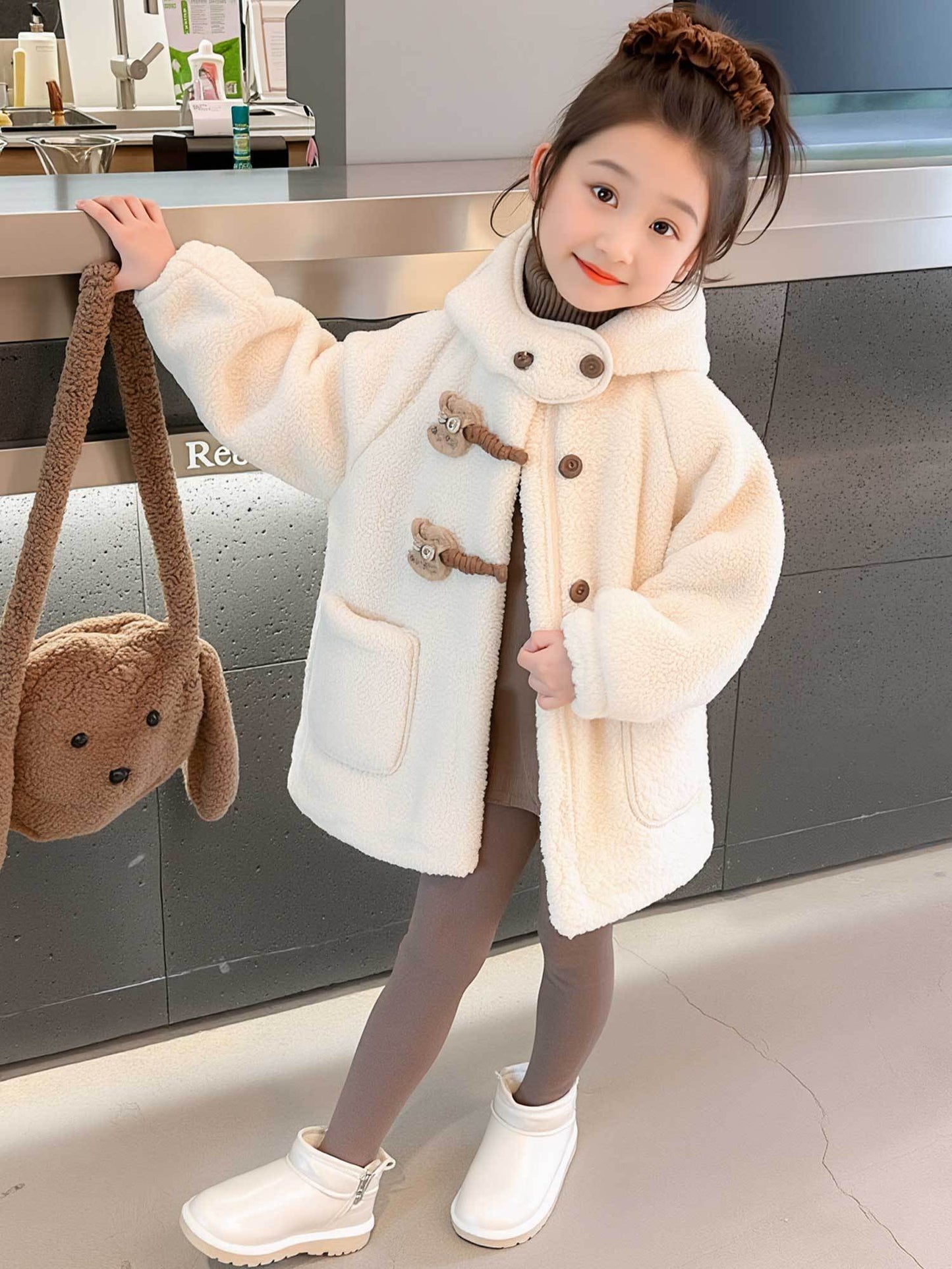Girls' Luxury Plush Hooded Winter Coat - Thickened Warm Fleece-Like Insulation, Soft Loose-Fit Long Sleeve Jacket with Front Button Closure & Hood, Cozy Casual Outerwear for & Young Girls ( to Early Childhood) - Versatile for