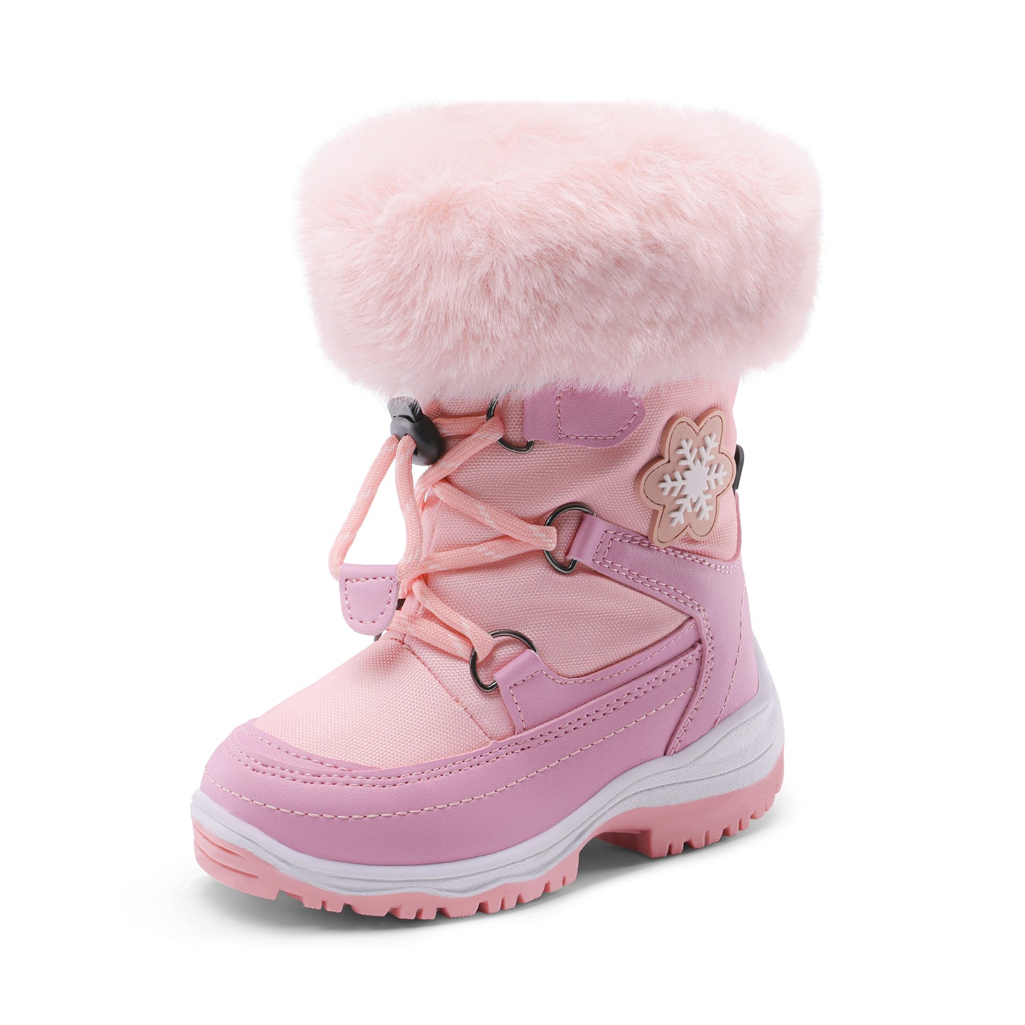 Girls' Slip-Resistant faux fur-Lined High-Top Winter Snow Boots with Pattern - Warm Mid-Calf Insulated Kids Shoes, Easy-On Lace Closure, Cushioned TPR Sole & Soft Fabric for Outdoor Play, School, and Everyday Winter Wear (Pin