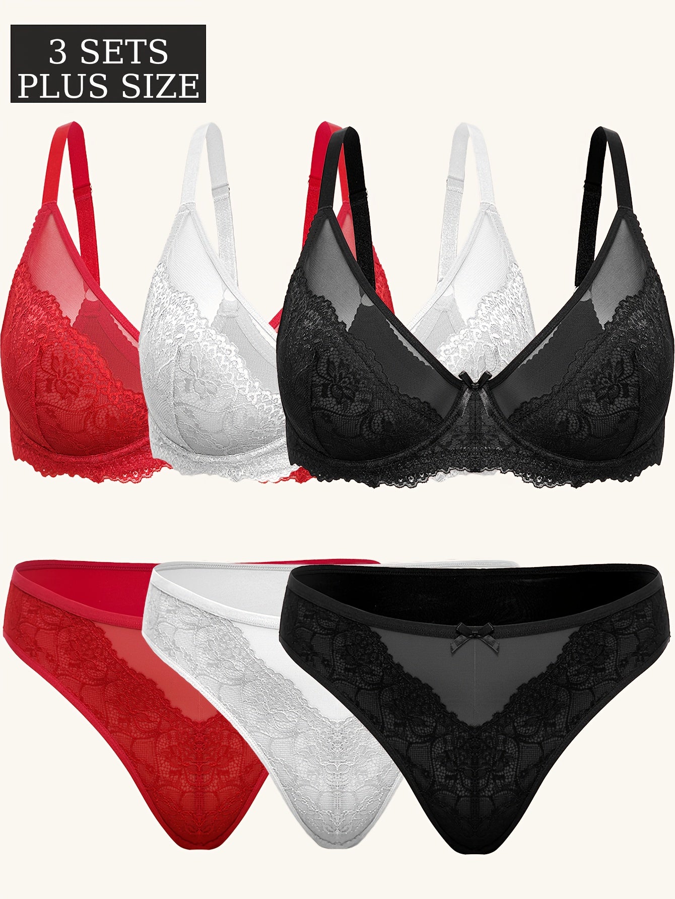 6pcs Women's Plus Size Sexy Lingerie Set, Floral Embroidery Sheer Bra And Mesh Low Waisted Panties, Steel Circle Lift Anti-Sag, Breathable And Comfortable Lace Bra Set with Adjustable Straps And Bow Decoration, Everyday Linge