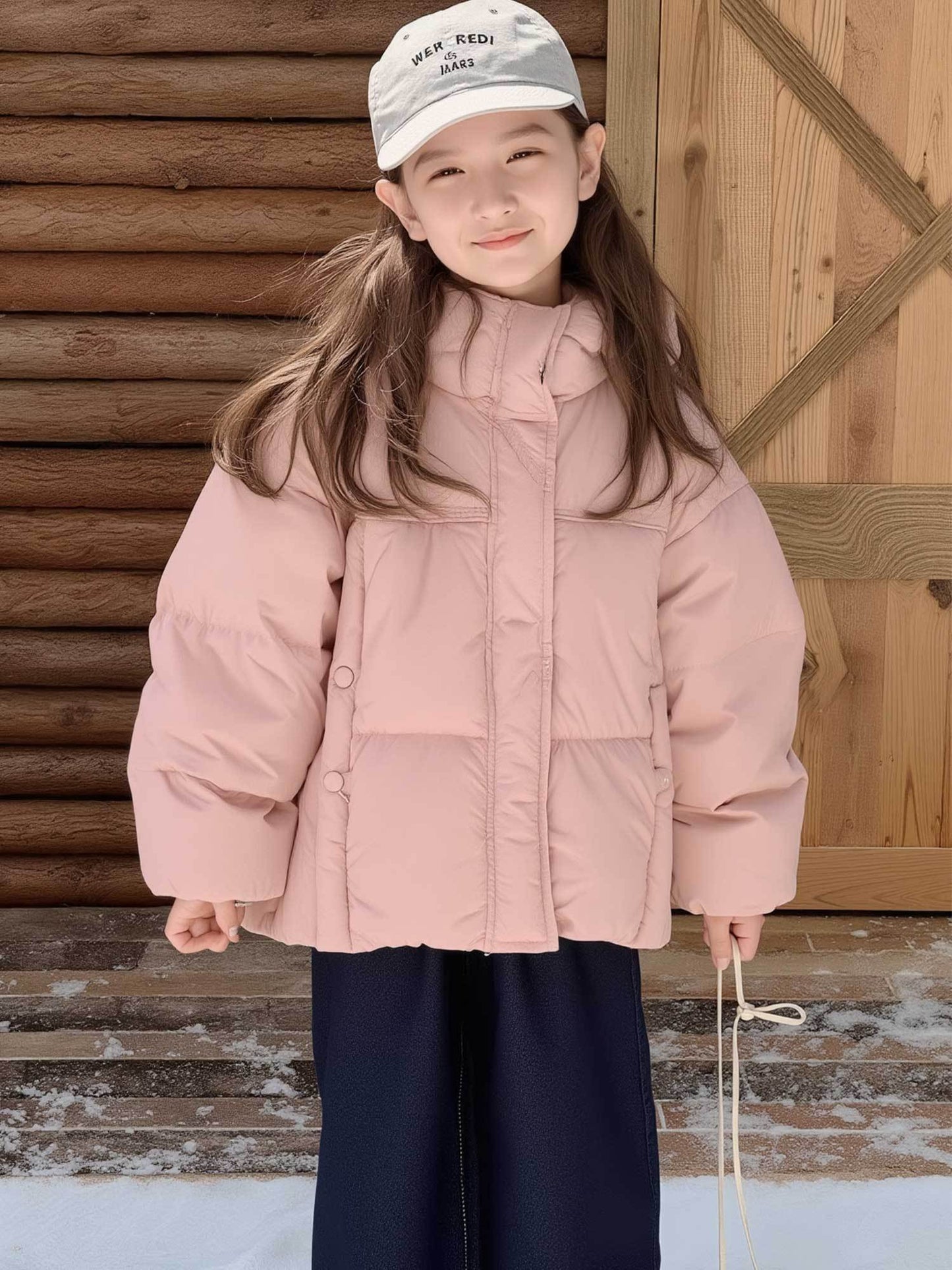 Cute And Versatile Winter Outfit for Young Girls, Featuring a Light Pink Fluffy Jacket with a Hood And a Soft Texture, Plus a Warm And Thick Coat, Perfect for The Autumn And Winter Seasons.