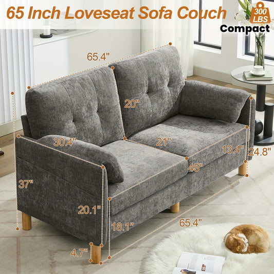 65" Modern Loveseat Sofa - Dark Gray/Neutral Tones, Soft Chenille Upholstery with Armrest Pillows & Storage Pockets, Easy Assembly Compact 2-Seater Couch for Living Room, Bedroom, Small Spaces - Space-Saving Love Seat Sofa, B