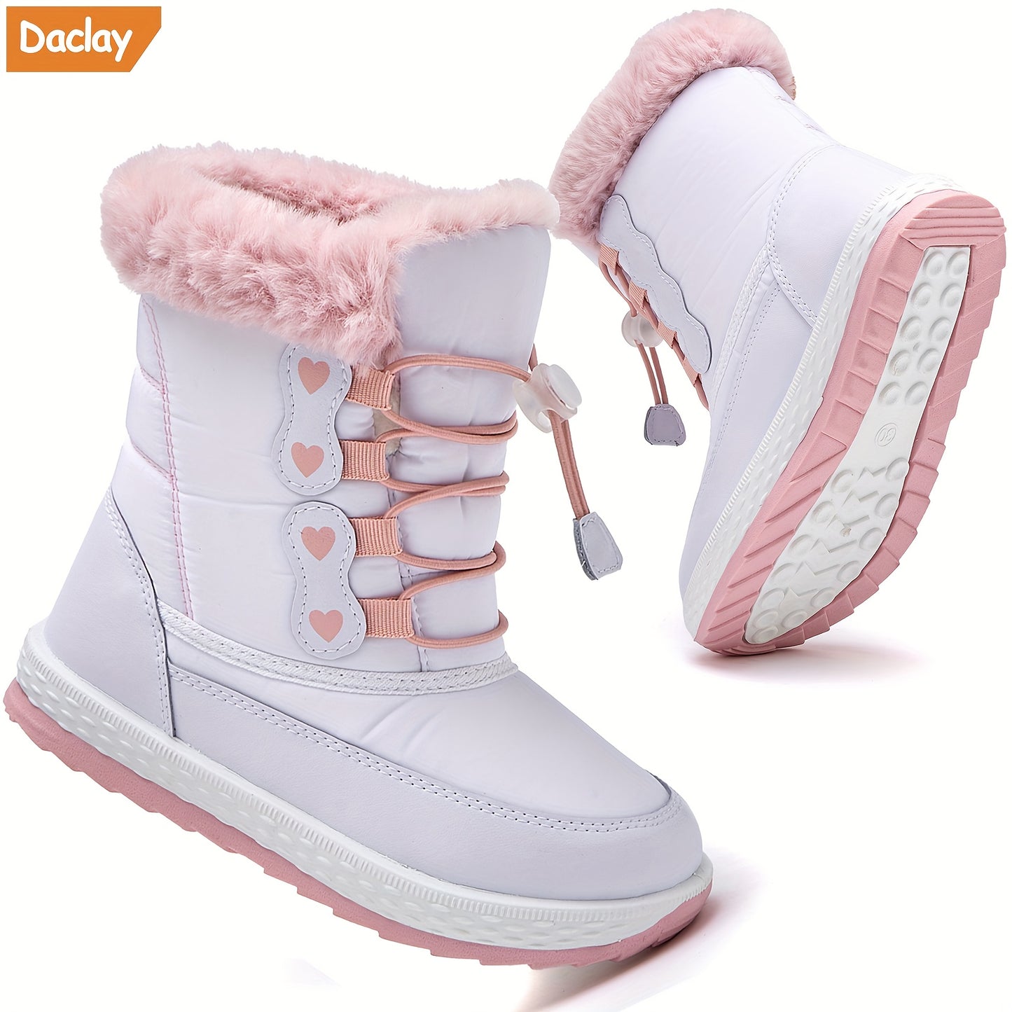 DACLAY Boys & Girls All-Weather -like Snow Boots - Lace-Up High-Top Winter Boots with Lacing System, White/Pink/Clear Strap & Heart Buckle, PU Sole & Arch for Girls & Boys ( to Youth) - All-Season Outdoor Shoes for Ice, Snow,