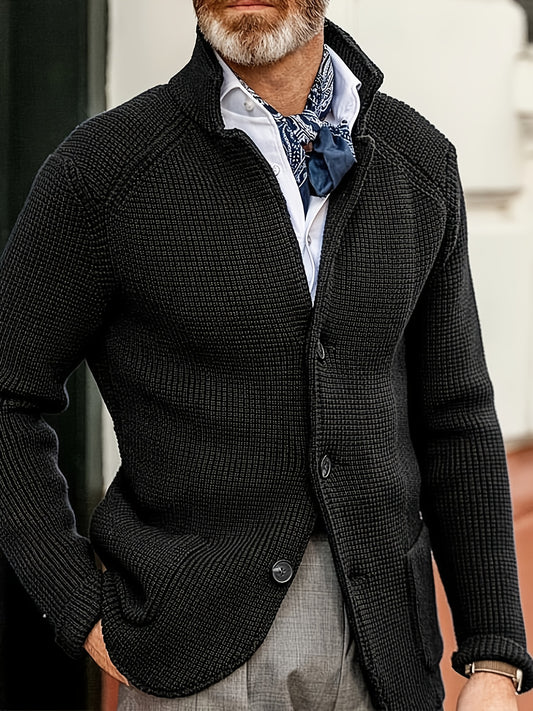 Men'S Knit Cardigan Sweater Jacket - Button-Front Closure, Stand-Up Collar, Non-Stretch Fabric - Formal & Everyday Layering - Fall/Winter Office, Party, Casual Outfits - Classic Sweater Coat for Men, Cardigan Sweater, Office