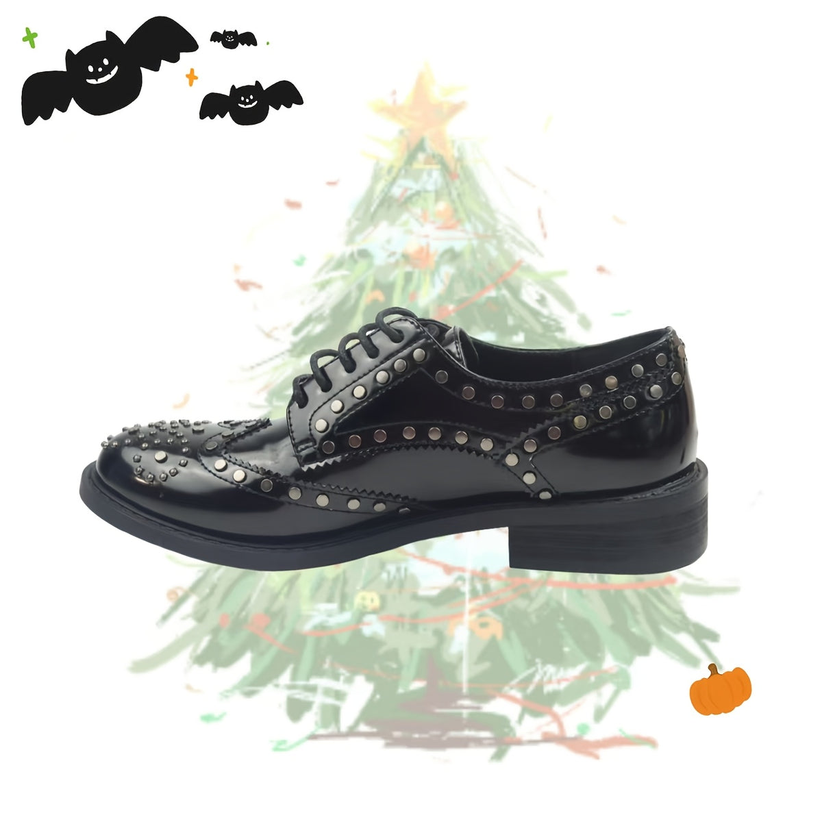 TM EYES Women's Gothic-Style Faux Cover Slip-On Loafers - Comfortable Low Heel Pointed Toe Moccasins with Rivet Accent, Black PU Shoes with TPR Sole for Casual & Formal Events, All-Season Versatile Casual Attire, Faux Cover U