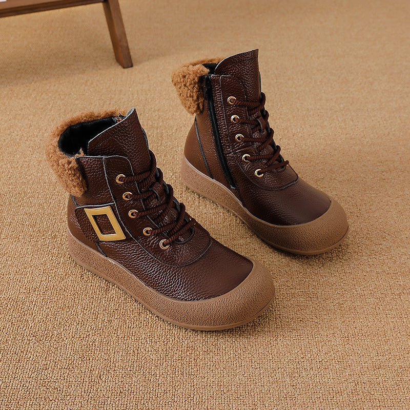 Women'S Genuine Leather Ankle Boots with Thick Mid-Heel & Zipper Closure - Round Toe Retro Winter Boots with Plush Collar, Full-Grain Upper & Rubber Sole, Hand Washable Brown Boots for Autumn Winter, Casual & Semi-Formal Outf