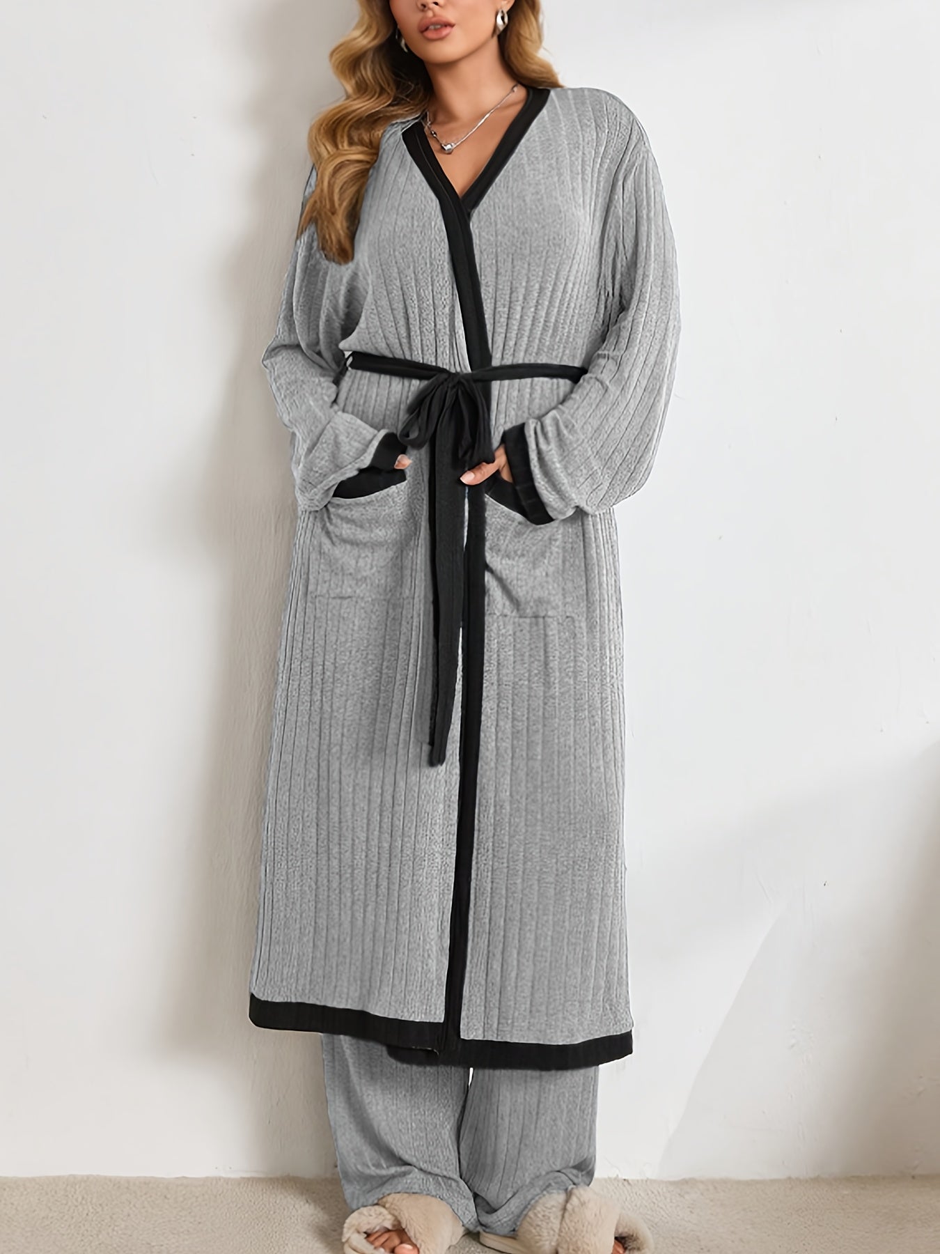 [Three-Piece Loungewear Set] New Autumn And Winter Fashion Warm Solid Color Ribbed Loungewear Set With Sleeveless V-Neck Tank Top + Straight Elastic Waistband Long Pants + Long Sleeve Color-Blocked Cardigan With Side Pockets