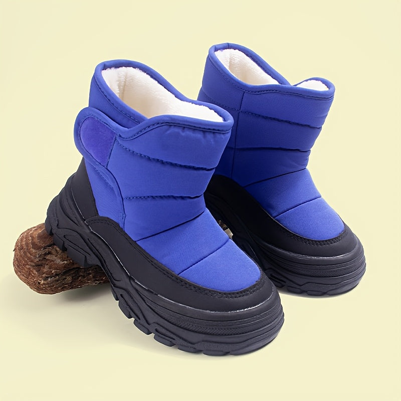 [Boys' Winter Snow Boots] Winter Boys' Solid Color Warm Plush Lined Slip-On Snow Boots | Low Top Fabric Upper, Round Toe, TPR Sole, Adjustable Strap Closure, for Fall/Winter Outdoor, Ages 14 and Under, Bullock Pattern