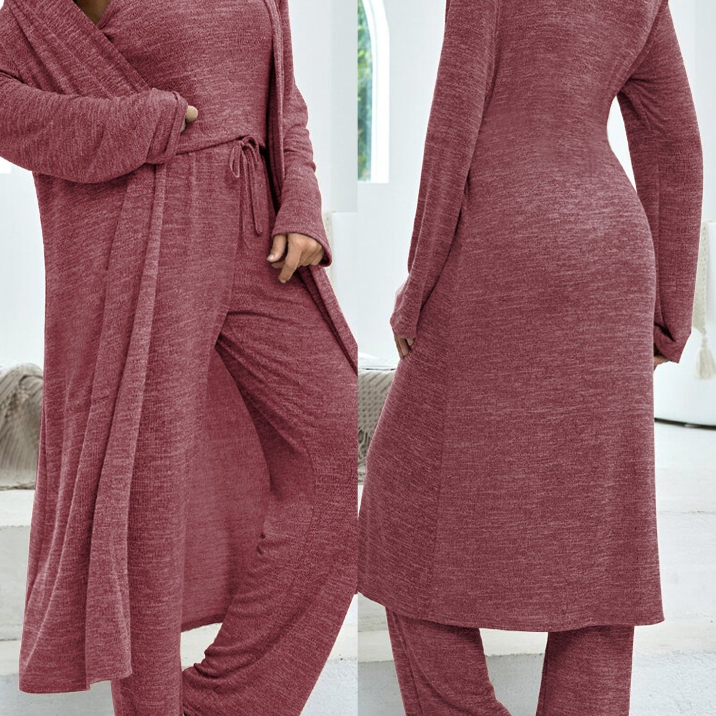 Women's Casual Home Suit • Solid Color Mid-Length Cardigan • Solid Color Camisole • Imitation Lace-Up Trousers • Three-Piece Suit for Women