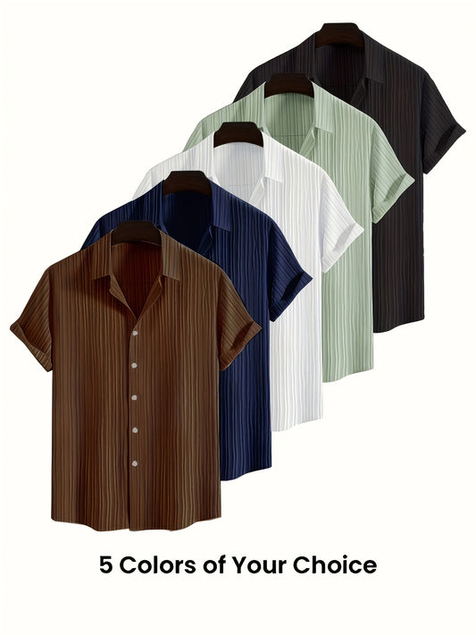 [5pcs Men's casual set] 5pcs Men's casual set | slightly elastic, solid color button up shirt