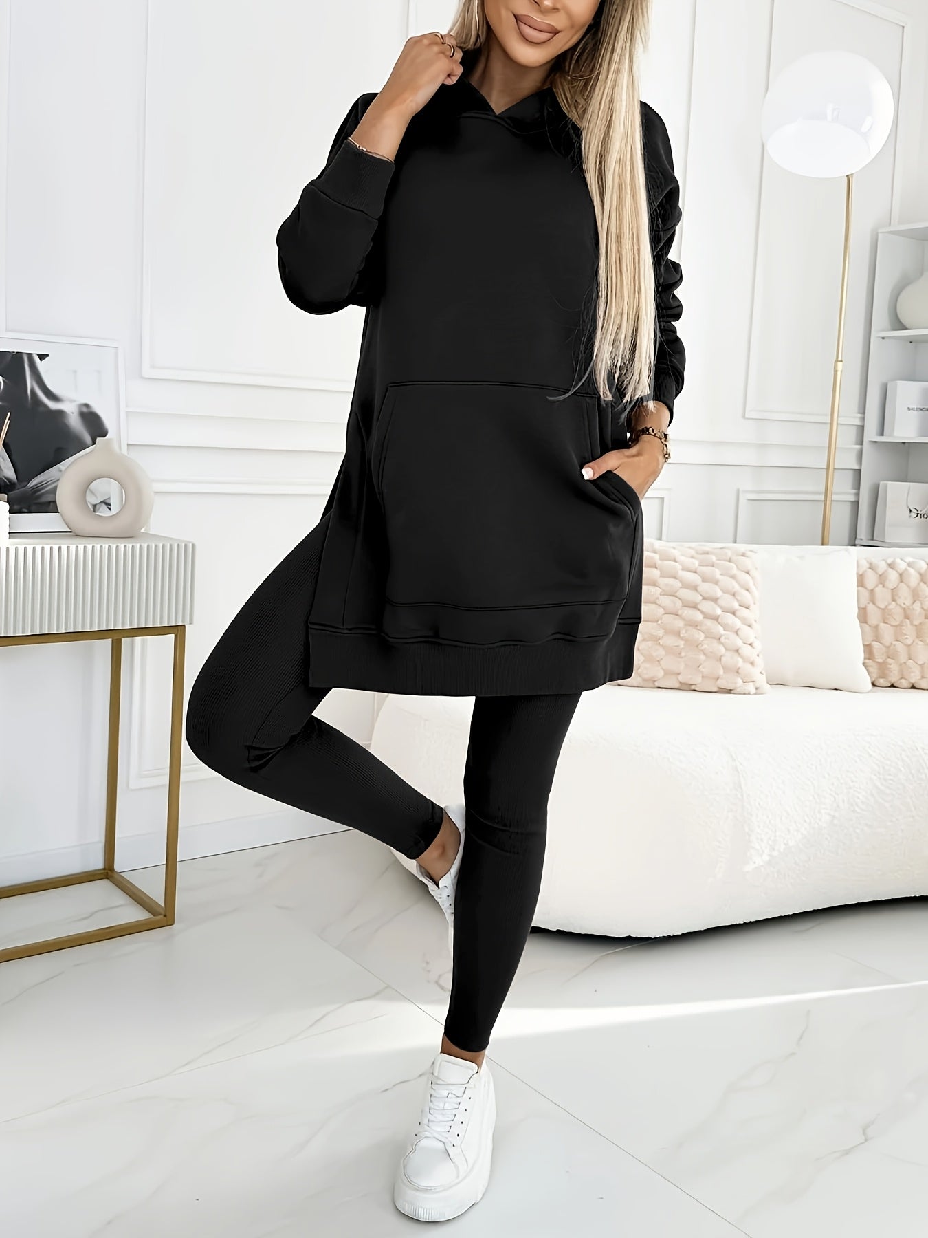 Directional Casual Suit, Women'S Solid Color Hooded Sweatshirt + Solid Color Leggings Two-Piece Set, Machine Washable And Dry Cleanable, Suitable for Daily Commuting