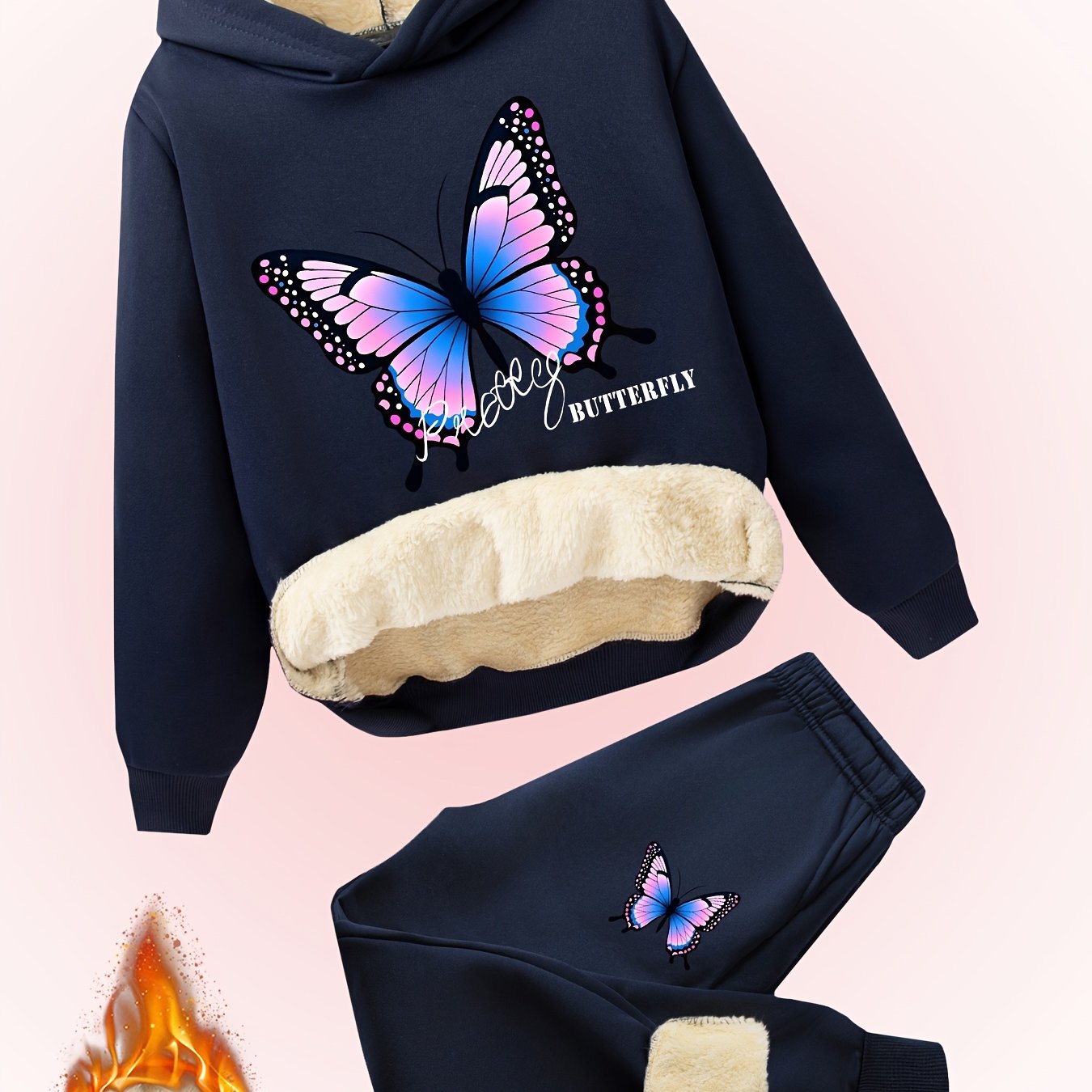 2pcs Girls' Butterfly Print Fashionable Versatile Hoodie + Pants Set, Winter Plush Lined Warm Comfort Casual Outfit for Daily and Outdoor Activities, Perfect for Outdoor