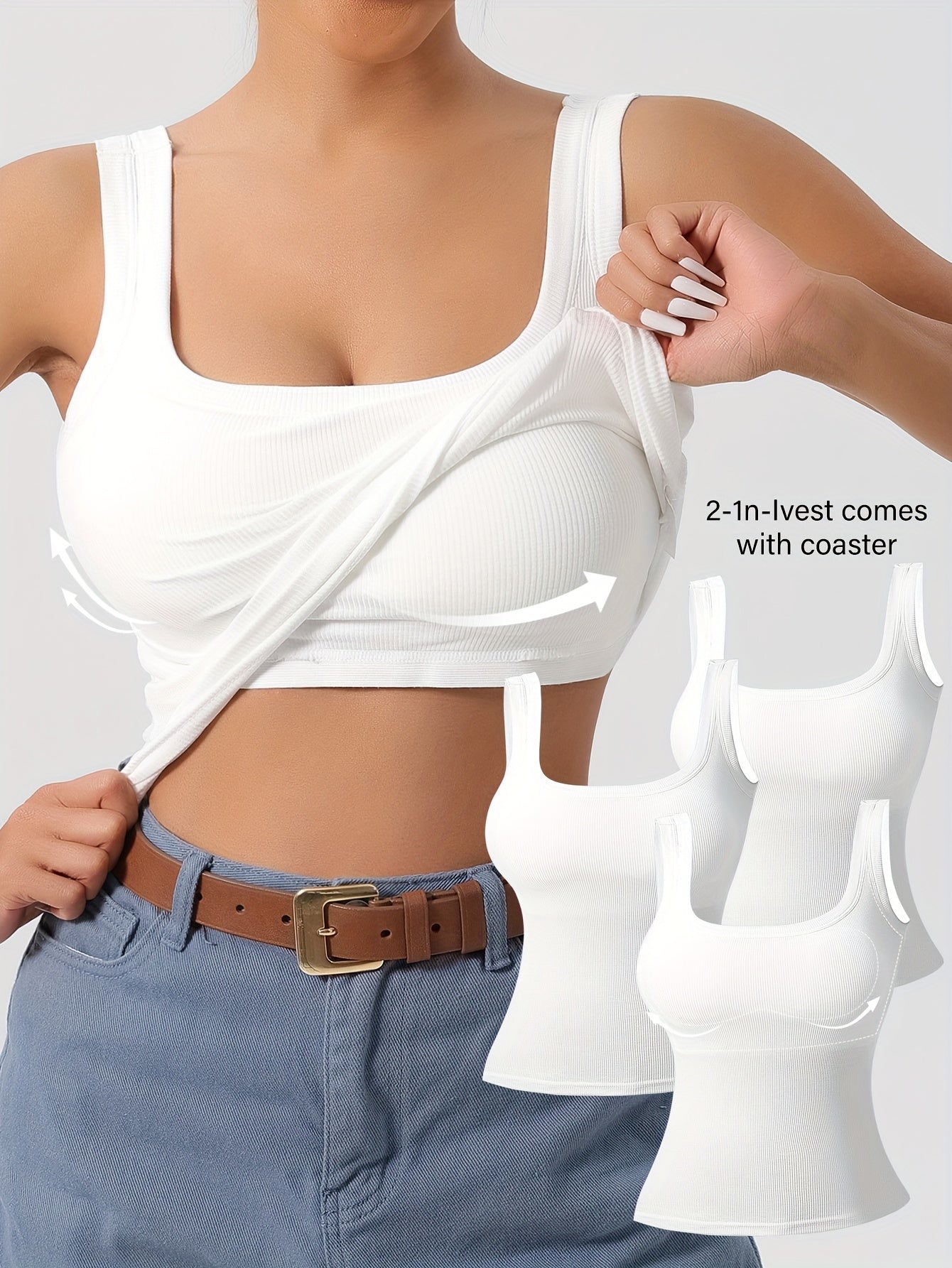 Women's 3Pcs U-Back Tank Tops With Removable Pads, Slim Fit Solid Color Versatile Inner & Outerwear Camisole Vest Set Casual Style