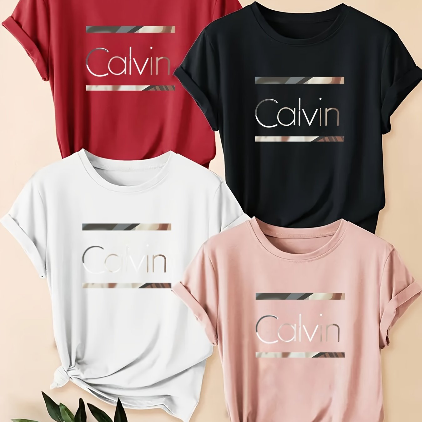 [Basic T-Shirts] 4pcs Basic Women's Letter Print Round Neck Short Sleeve T-Shirts