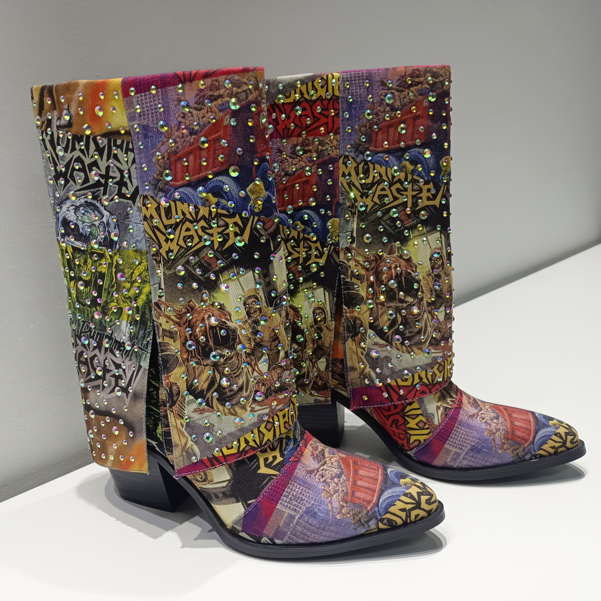 One - Of - A - Kind! Punk Western Cowboy Boots With Rhinestones & Random Graffiti Mix | Denim Fabric, Sturdy Sole, Comfy Insole | For Concerts, Festivals, Shopping & Parties, All - Season