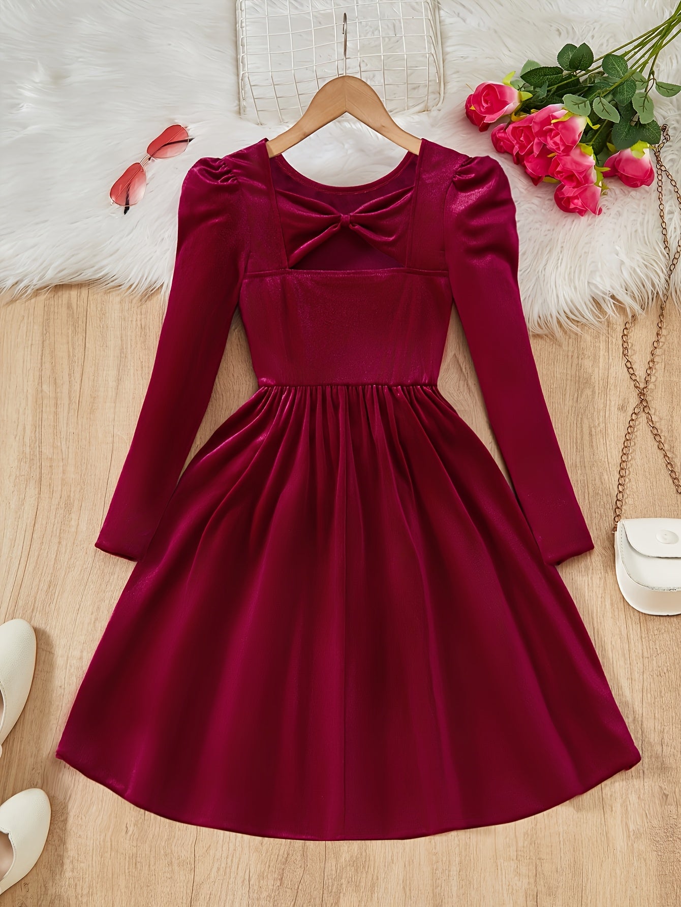 Girls' Burgundy Winter Party Dress with Keyhole Back & Bow Detail - Long Sleeve A-Line Ruffled Hem Dress, Golden Buckle Belt-Like Closure, Machine Washable Red Formal Gown for Christmas, Weddings, Prom (Pre-Teen Girls)