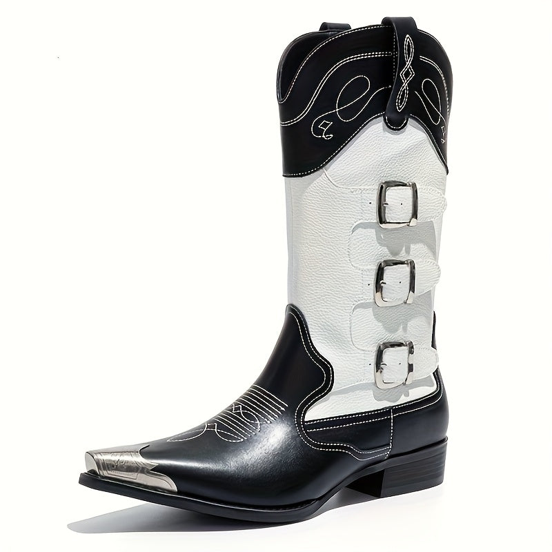 Men'S Western Cowboy Boots with Metallic Accents & Iron Toe - Slip-On Pointed Toe, Black & White Faux Cover, Rubber Sole for Weddings, Parties, Casual Streetwear - All-Season Versatile Outdoor Boots, Cowboy Boots, Wedding Foo