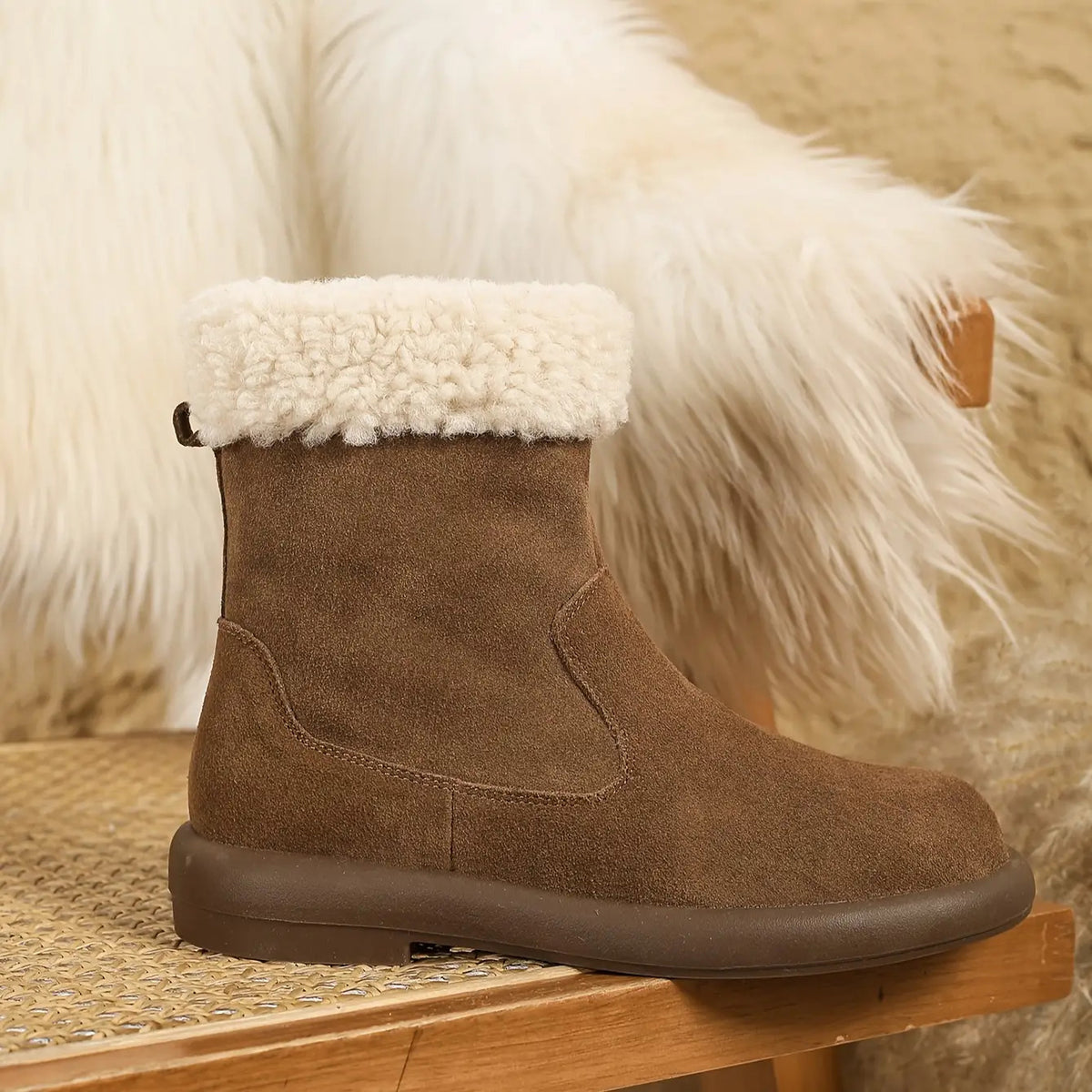 Women's Cover Winter Snow Boots with & -Like Warmth - Thickened Short Ankle Boots, Zipper Closure, Round Toe & Platform Sole - Brown Cowhide for Ice, Snow, and Cold Weather (Hand Washable)