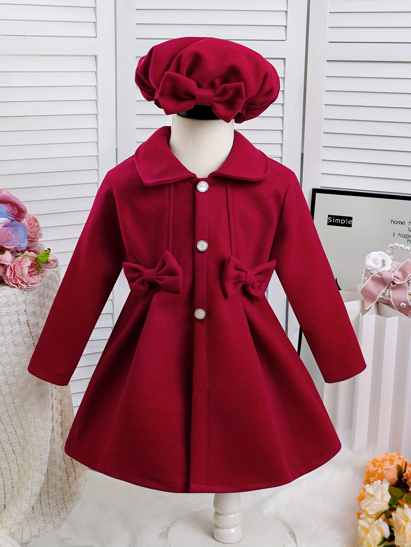Girls' Autumn-Winter Fashion Bow Tie Coat with Lapel, Solid Color Open Front Fleece Overcoat & Hat Decorated by Bows