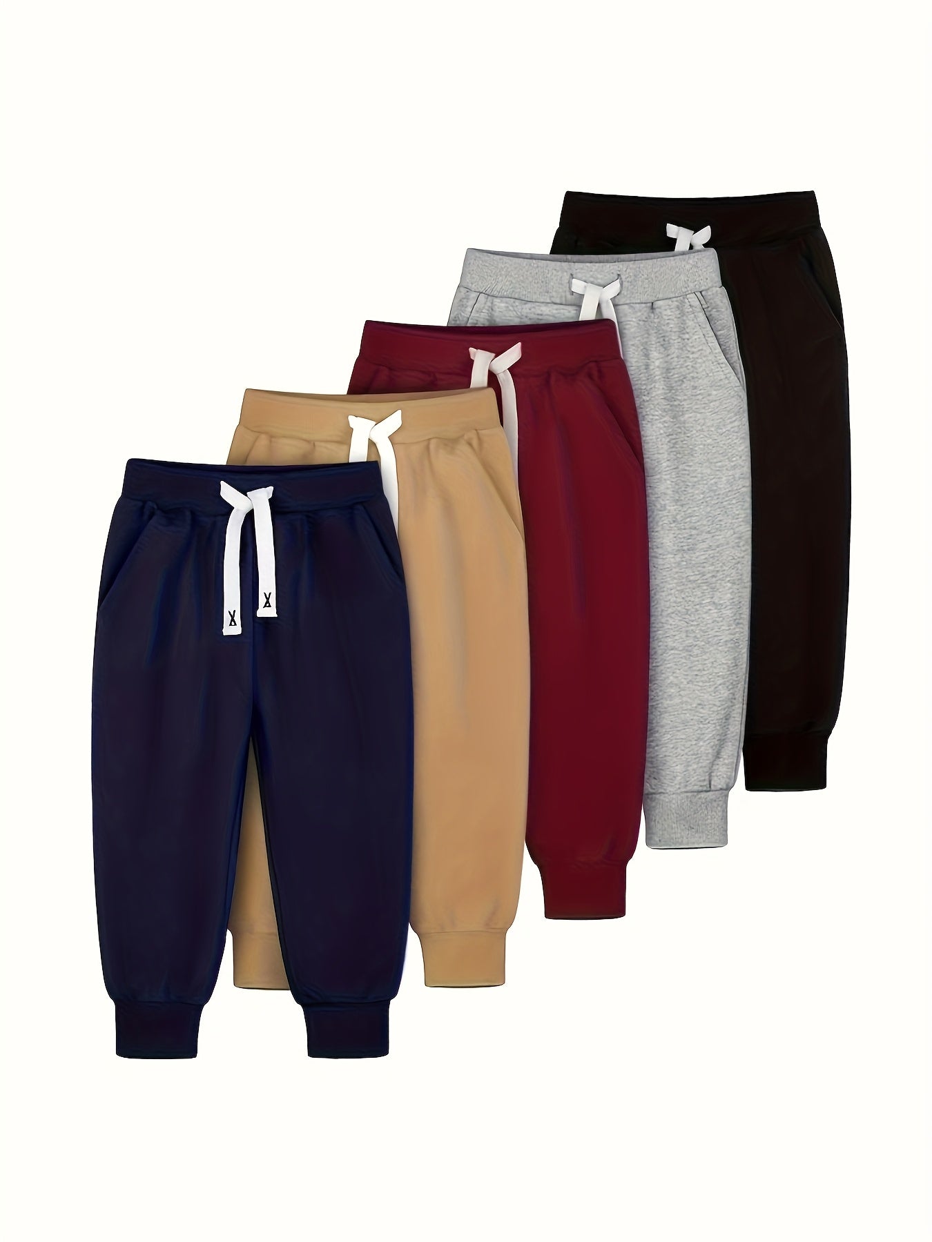 5pcs Boys' Heavy-Duty Cotton Joggers Pants - Elastic Waist & Drawstring Sweatpants with Pockets, Multi-Color (Beige/Navy/Grey/Black/Brown) for Youth 7-15 Years, & Casual Wear - Bulk Pack Athletic Pants, Perfect for Outdoor