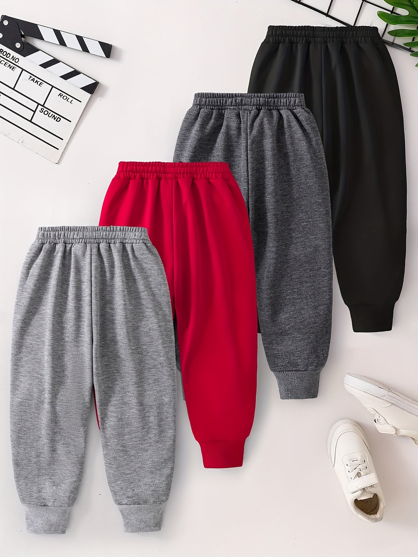 4pcs Boys' Thermal Long Pants Set - High Quality & Machine Washable 100% Polyester School Pants with Elastic Waist & Pockets, Warm Winter Trousers for 4-10 Years (Light Gray, Red, Dark Gray, Black) - Casual Athletic Wear for