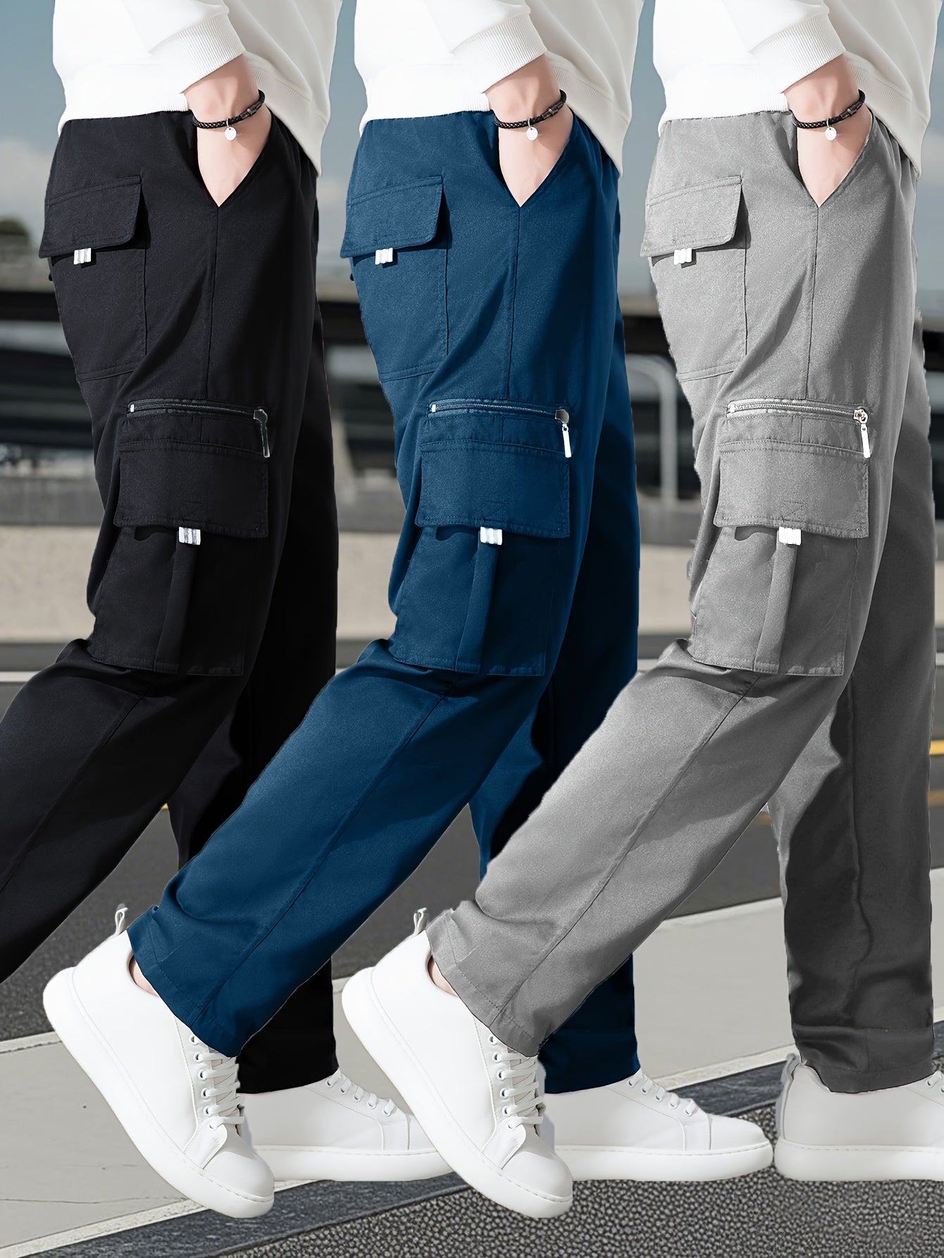 Set of 3 • Men's Outdoor Multi-Piece Work Pants • Solid Color • Classic Style for All Seasons