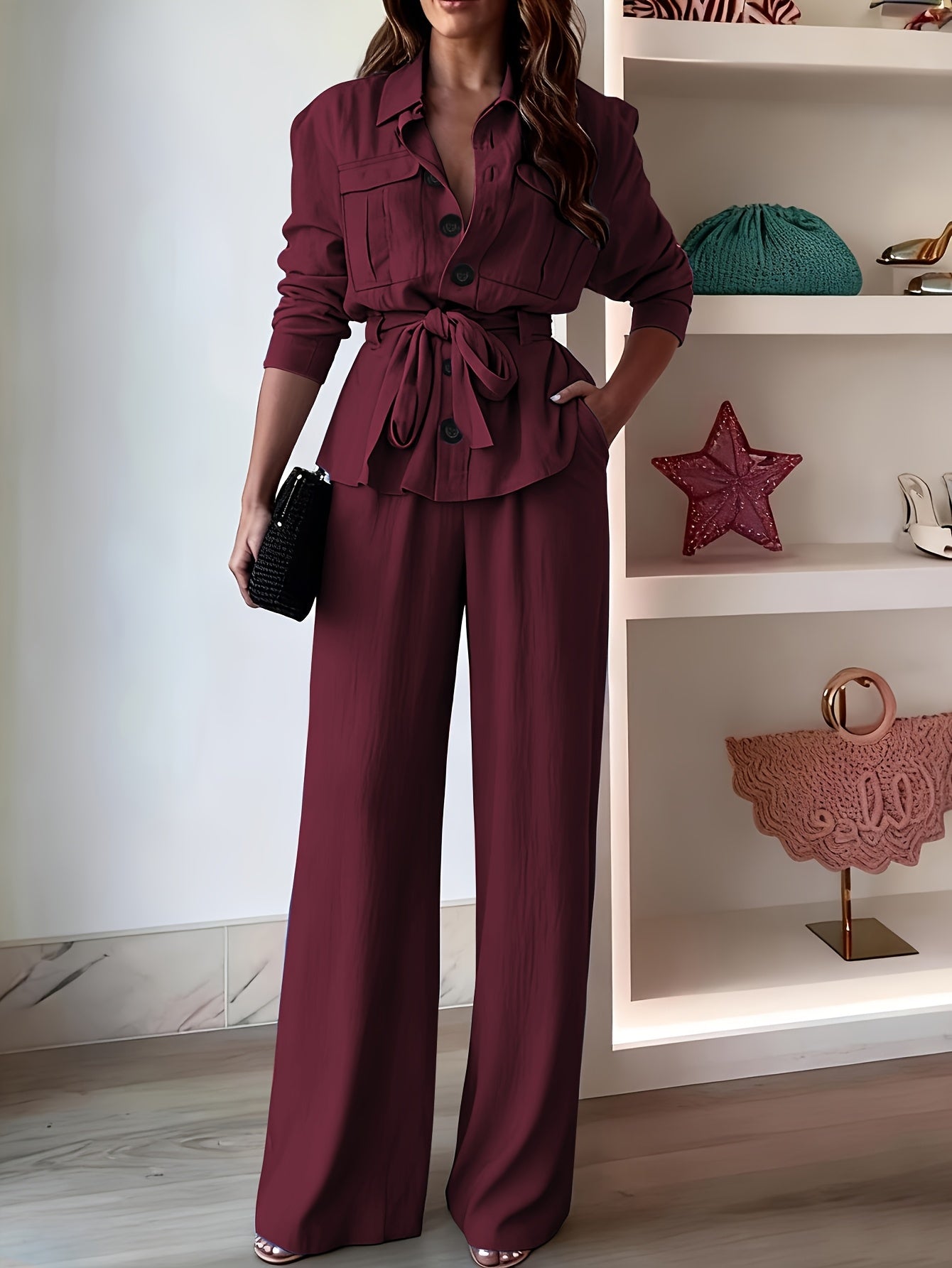 [Two-Piece Set] Casual Two-Piece Set Featuring a Collared Long-Sleeve Shirt with Buttons And Wide-Leg Solid Color Pants